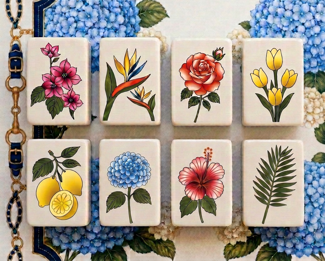 Hand-illustrated flower tiles photographed against the Newport hydrangea mat