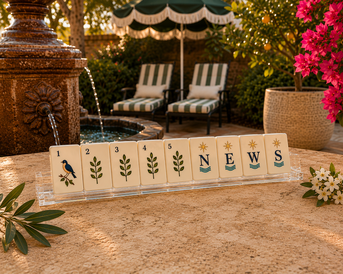 Coastal Tile Society mahjong tiles on an acrylic rack beside a Mediterranean fountain with bougainvillea and lounge chairs