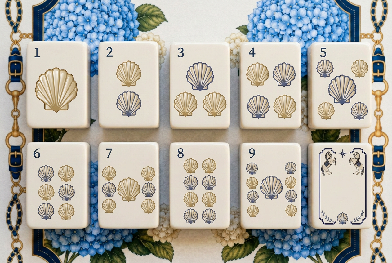 Coastal shell dot tiles resting on the Newport mahjong mat